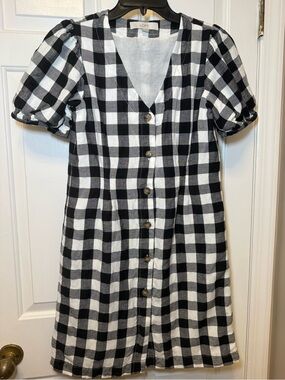 LOFT Shirt Dress Sz 2 Gingham Plaid Linen Black White V Nck Puff Sleeve Workwear